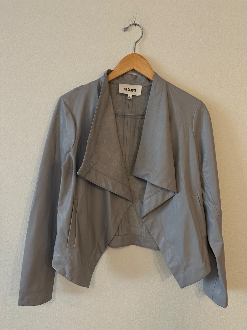 BB Dakota Gray Faux Leather Waterfall Drape Front Jacket Women's Medium